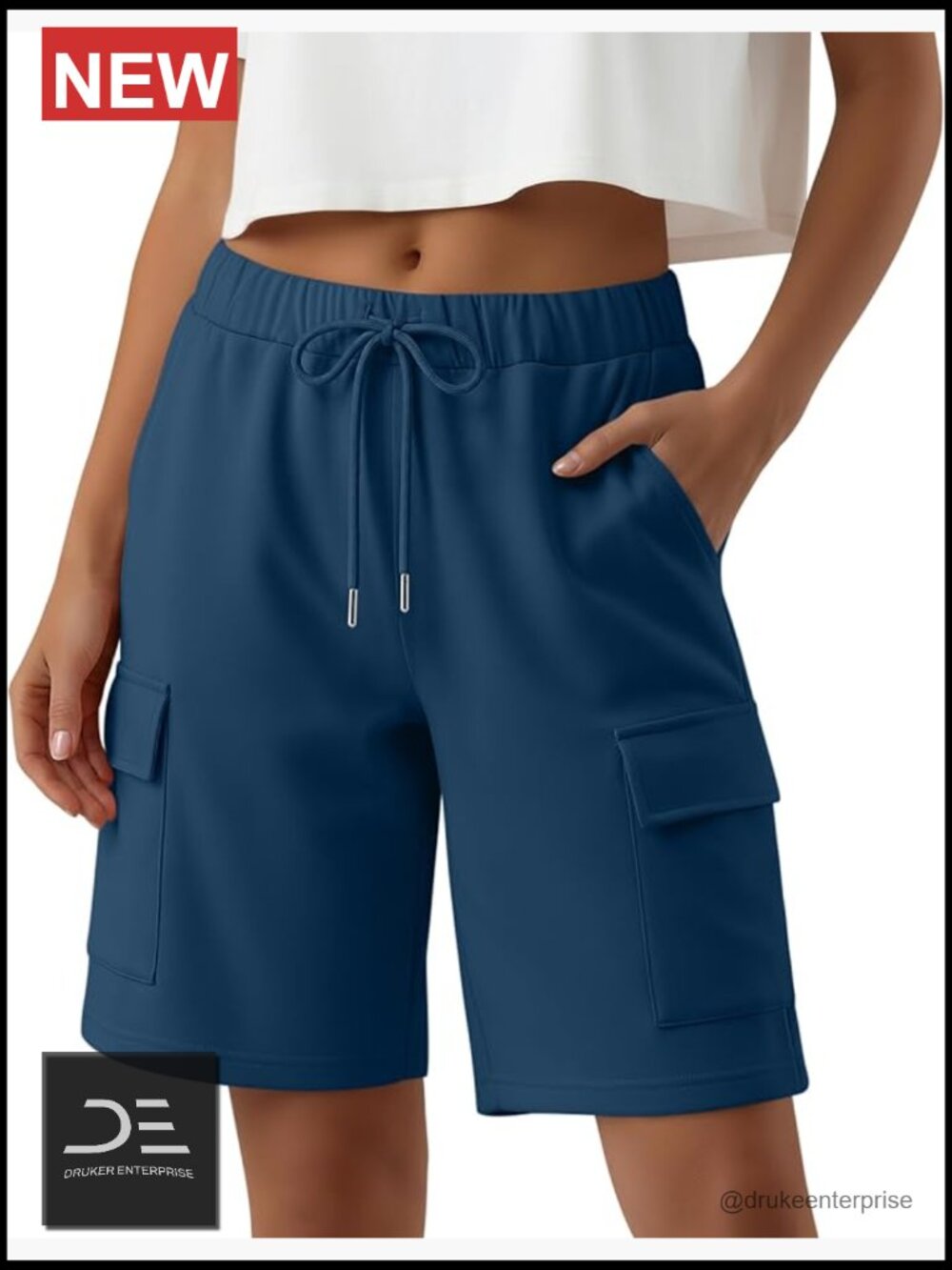 Women's Sweat Shorts with 4 Pockets Cargo Elastic Waist Drawstring Bermuda